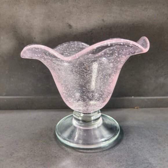 Art Glass Clear Footed Bowl Compote Pink Top With Small Bubbles Glass Decor - Picture 2 of 12